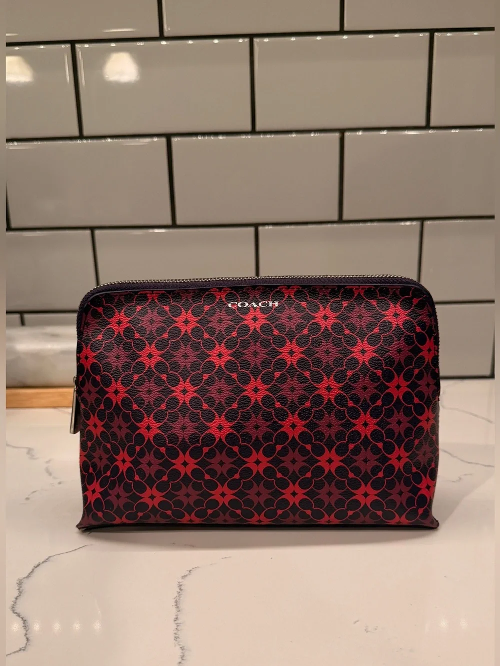 Coach Pink and Purple Signature Coated Canvas Cosmetic Pouch